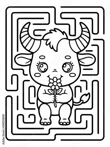 Maze Puzzle with Adorable Bull: A charming illustration features a cute bull holding a flower, set within a challenging maze, ready for solving and enjoyment.