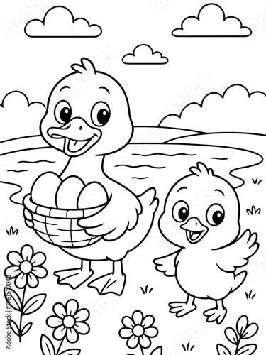 Duckling's Easter Basket: A charming illustration depicts a duck and a duckling in a pastoral scene, with a basket of eggs, ready for an Easter celebration. 