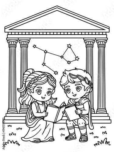 Ancient scholars in study: Charming depiction of two ancient scholars immersed in their books, framed by a classical architectural setting and celestial symbols.