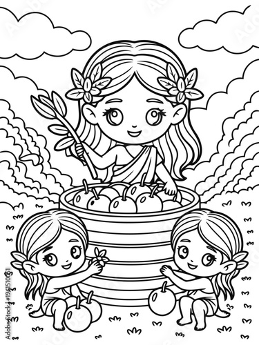 Divine Muse and her Bountiful Harvest: A celestial maiden, radiating serenity, presides over a cornucopia of fruits, her gaze benevolent, as two cherubic attendants offer a bloom.