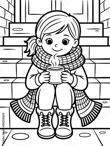 Cozy Winter Moments: A charming illustration depicts a young girl nestled on a staircase, wrapped warmly in a scarf, cradling a steaming cup, and exuding a sense of contentment and tranquility. 