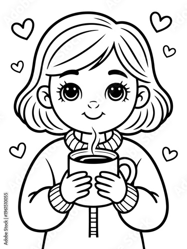 Warm Embrace: A young girl, enveloped in a cozy sweater, clutches a steaming mug, her face radiating warmth, surrounded by a constellation of hearts, and evoking feelings of comfort, love.