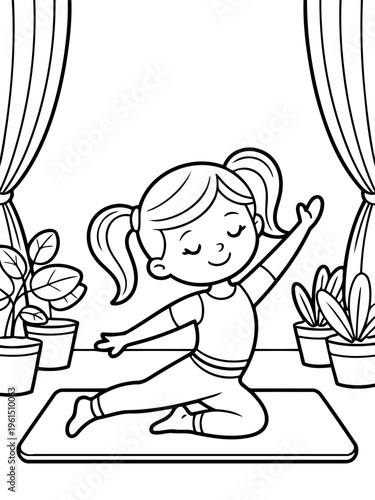 Yoga Bliss in the Home: A smiling girl, immersed in the peaceful flow of yoga, stretches and finds serenity in a tranquil home setting, embodying the core of wellness and balance.