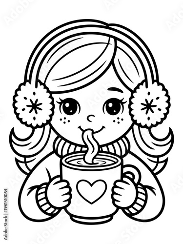 Winter Warmth: A young girl enjoys a moment of winter bliss, sipping a warm beverage, her cheerful face and cozy attire reflecting the season's comforting embrace.