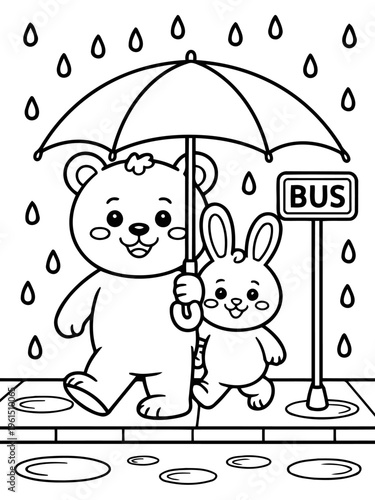 Rainy Day Companions: A heartwarming illustration of a bear and a rabbit sharing an umbrella during a rain shower, embracing friendship and support as they head towards a bus stop. 