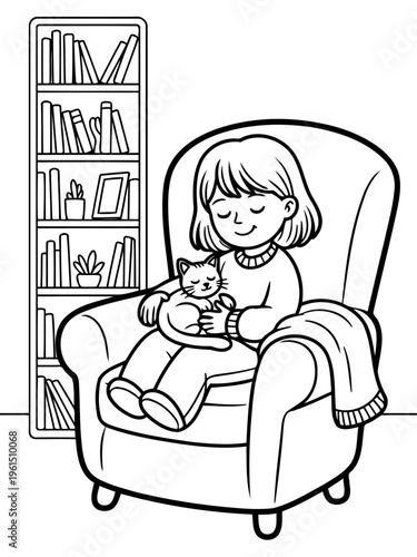 Cozy Reading Nook: A serene scene unfolds as a young girl cradles a purring cat in her arms, nestled in a comfy armchair next to a bookshelf, creating a picture of simple joys and cozy moments.