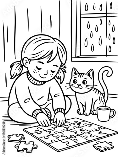 Cozy Puzzle Time: A young girl, accompanied by a curious cat, finds solace indoors, piecing together a jigsaw puzzle during a rainy day. Capturing the essence of home comfort and imaginative play.