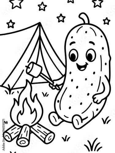 Cute Pickle Camping: An adorable pickle roasts a marshmallow over a campfire, camping under a starlit sky. A whimsical illustration that sparks imagination and invites to fun times!