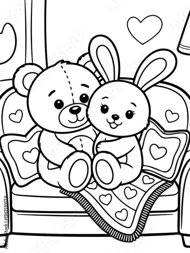 Cuddly Friends Coloring Page: A heartwarming illustration featuring a plush teddy bear and a rabbit, cozily snuggled together on a comfortable sofa, their bond of friendship radiating warmth.