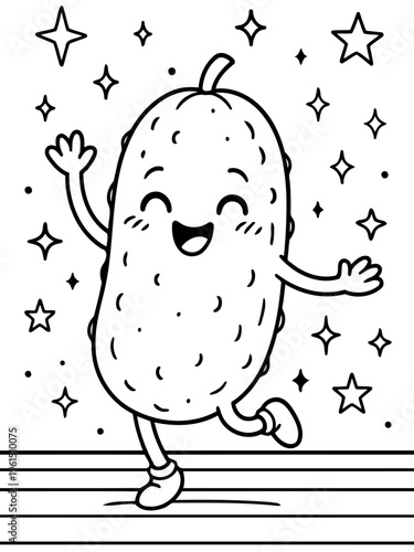 Cheerful Cucumber's Dance: An adorable illustration of a smiling cucumber dancing amid twinkling stars, brimming with joyful energy.