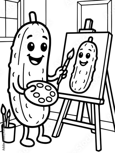 Artistic Pickle's Masterpiece: A charming illustration depicts a jovial pickle, the artist, at work, meticulously painting its own likeness on an easel, palette in hand.