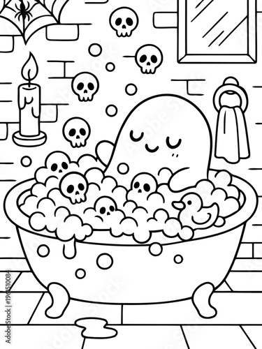 Spooky Bathtime Bliss: A cute ghost enjoys a bubbly bath surrounded by skulls, spiders, and candles, exuding playful vibes.