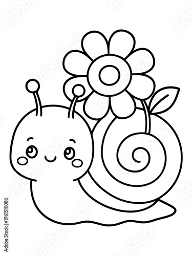 Whimsical Snail with Flower: A charming cartoon snail with a cute face happily carries a lovely flower on its back. This illustration captures the innocence and joy of nature.