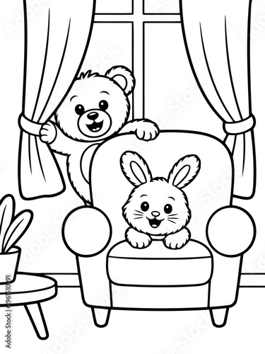 Playful Friends in a Cozy Room: A cheerful bear and bunny enjoy a moment together, the bear peeking out from behind a curtain, while the bunny snuggles up in an armchair.
