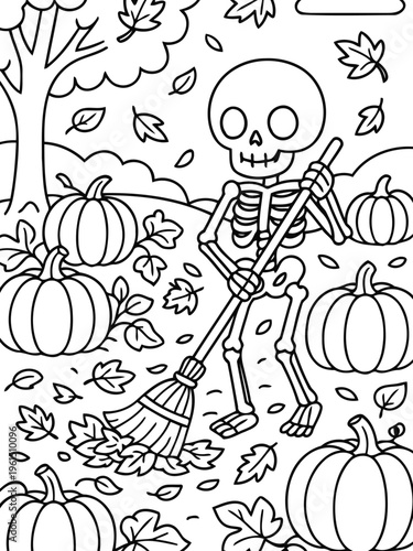 Spooky Autumn Cleanup: A charming illustration depicts a friendly skeleton diligently raking leaves amidst a whimsical autumnal scene filled with pumpkins. 
