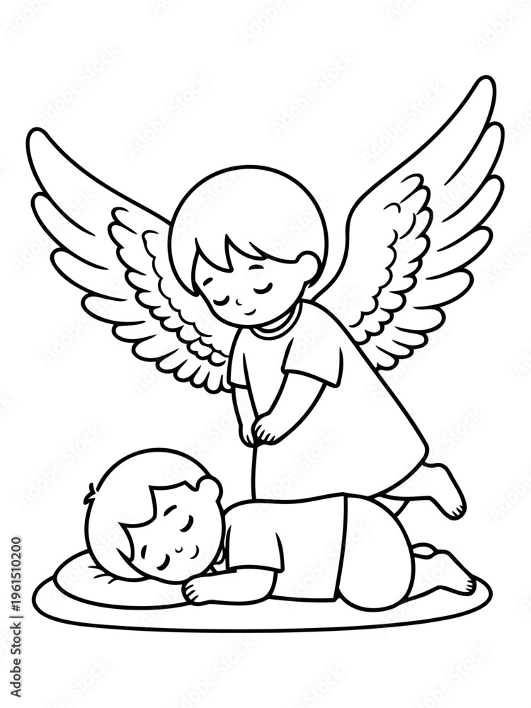 Obraz premium Guardian Angel's Gentle Watch: A serene illustration of an angel tenderly watching over a sleeping child, symbolizing protection and peace. 