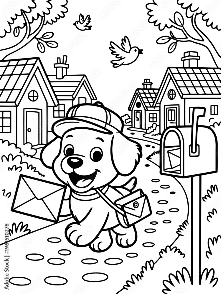 Fototapeta premium Dog Postman Delivering Mail: A charming illustration depicts a friendly dog postman, diligently delivering mail down a quaint street lined with houses.