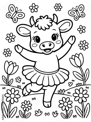 Dancing calf: A charming illustration depicts a delightful calf adorned in a tutu, joyfully dancing amidst a garden of flowers and butterflies, capturing a moment of pure innocent joy and playfulness.
