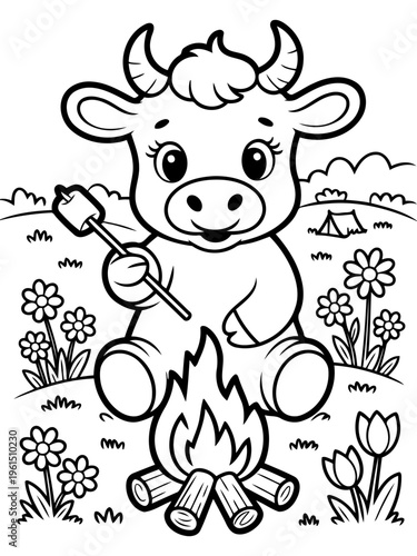 Marshmallow Roast: An adorable illustrated calf enjoying a fireside marshmallow roast, capturing the innocence of outdoor adventure.