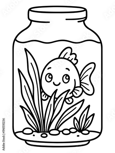 Aquatic Friend in a Glass Home: A cute illustration of a fish happily swimming inside a glass jar, accompanied by aquatic plants and small pebbles, creating a serene underwater scene.