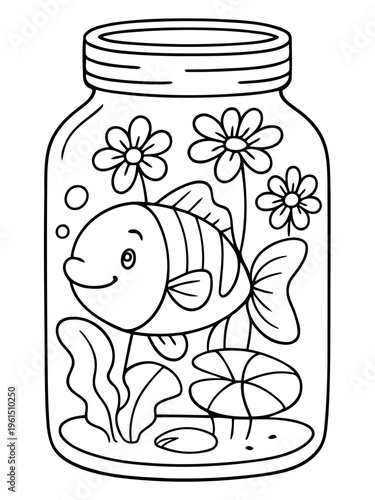 Fish in the Glass Jar: An adorable, cartoon-style fish swims serenely within the confines of a clear glass jar, accompanied by aquatic flora, creating a whimsical and charming underwater scene.
