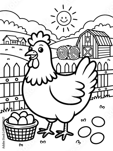 Happy Hen in Farm: A delightful black and white illustration of a cheerful hen standing in a farmyard with a basket of eggs and a barn in the background.