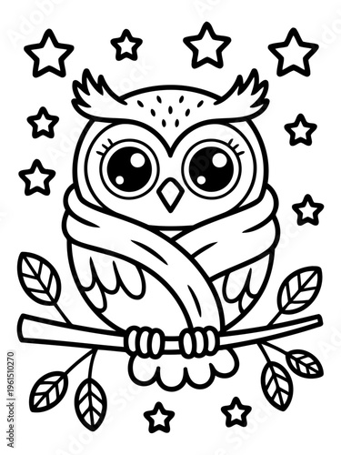 Nocturnal Wisdom: A charming illustration depicts a wide-eyed owl perched gracefully on a branch, illuminated by the starlight. This image evokes feelings of nocturnal mystery and wise observation.