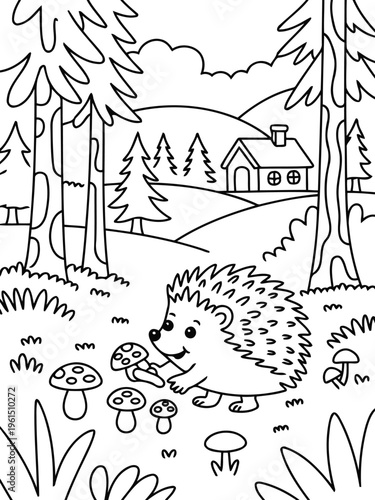 Hedgehog in the Forest: A charming hedgehog explores a whimsical forest, its inquisitive eyes drawn to the vibrant fungi around it, a delightful scene for coloring enthusiasts.