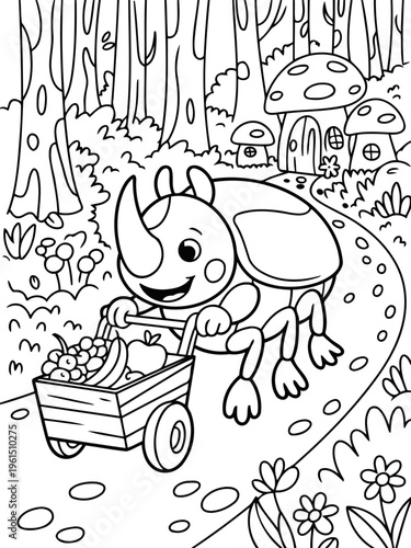 Joyful Insect Adventure: An illustration of a friendly rhinoceros beetle merrily pulling a cart filled with fruits down a whimsical forest path, leading towards charming mushroom houses.