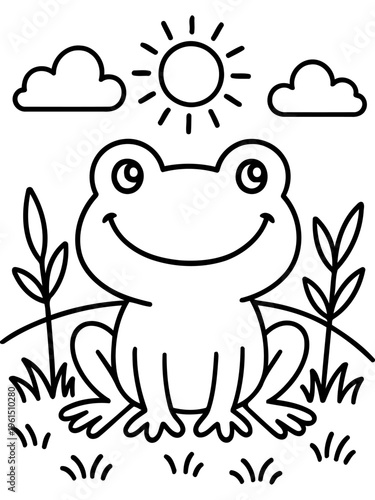 Smiling Frog Illustration: A cheerful frog smiles brightly under the warm sun, with fluffy clouds drifting lazily overhead.