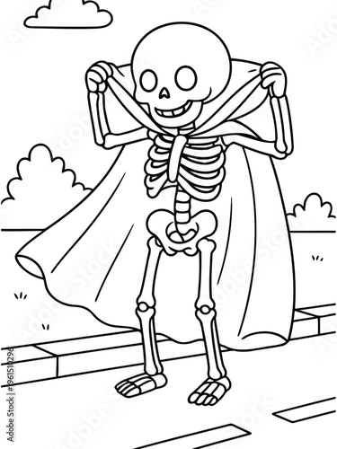The bone hero: A captivating sketch depicts a cheerful skeleton, cloaked in a superhero cape, standing on a street and radiating charm and playful allure.