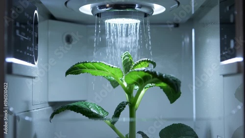 A plant is being watered by a shower head in a controlled growth chamber, conveying a sense of nurturing and care.