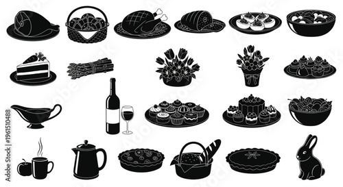 Easter Food Silhouette Icon Set Ham Chicken Cake Bread Wine Flowers Holiday Collection