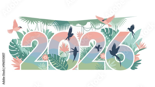 New Year 2026 with Tropical Leaves and Hummingbirds.