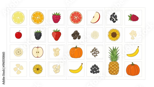 Assorted Fruits Displayed in Grid Pattern.