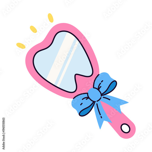 Hand mirror with a handle, vector icon. Cute pink tooth shaped accessory with a bow. Color item for dental clinics, symbol of oral hygiene, morning routine. Hand drawn cartoon clipart. Mirror for kids