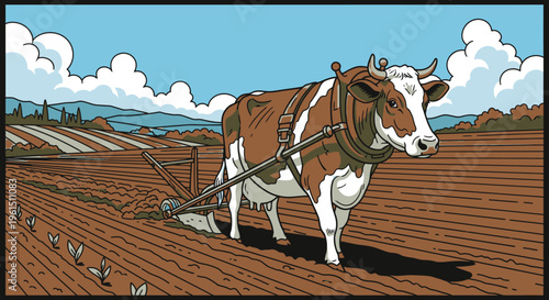 Brown and white cow plowing field.