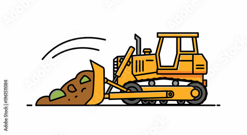 Bulldozer pushing brown soil forward slowly.