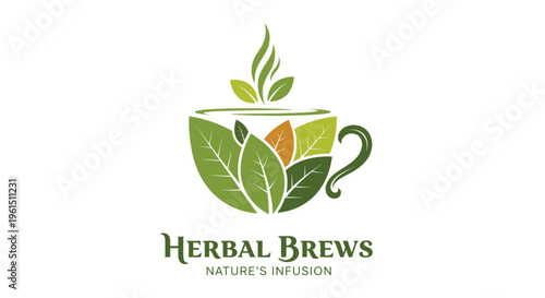 Herbal tea cup with green leaves.