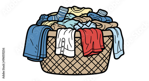 Laundry basket full of dirty clothes.