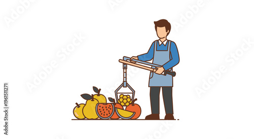Man holding juicer with fruits beside.
