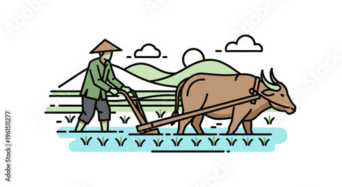 Man plowing field with two oxen.