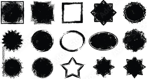A versatile collection of distressed black shapes, including stars, circles, and rectangles with heavy grunge textures and rough edges, ideal for vintage-style labels, badges, and creative overlays.