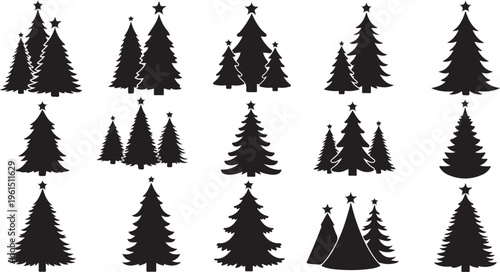 A collection of minimalist black Christmas tree silhouettes, featuring various pine and fir tree shapes with star toppers for holiday decorations and festive winter designs.