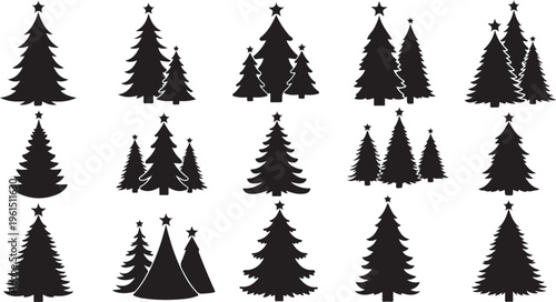 A collection of minimalist black Christmas tree silhouettes, featuring various pine and fir tree shapes with star toppers for holiday decorations and festive winter designs.