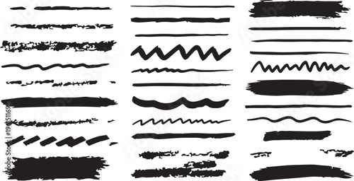 A comprehensive set of black ink brush strokes, textured dividers, and hand-drawn wavy lines with a grunge, charcoal-style aesthetic for creative graphic design.