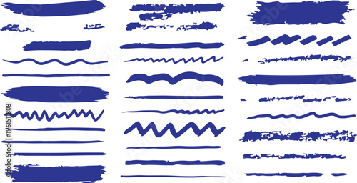 A set of blue ink brush strokes and artistic dividers featuring hand-drawn wavy lines, zigzag patterns, and distressed textures for creative graphic layouts.