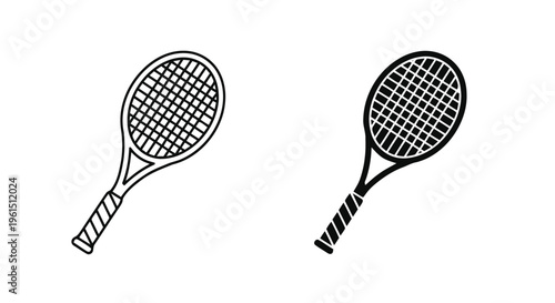 Vector illustration of tennis racket icons set, outline and solid style