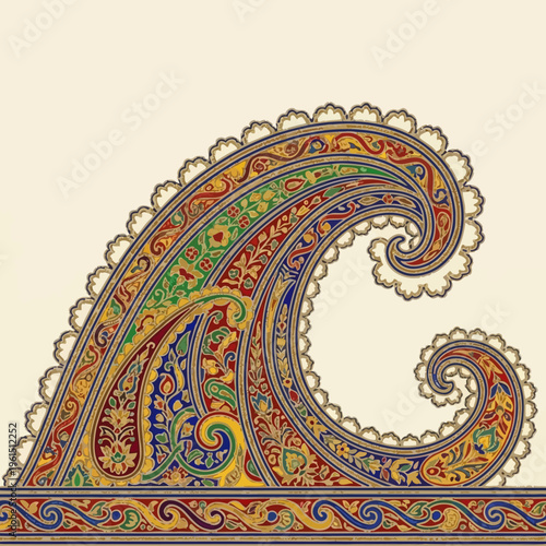 Intricate Paisley Wave Pattern with Rich Colors and Detailed Ornamentation.