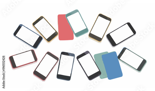 Colorful smartphone mockup set with front and back views in angled fan layout for UI UX presentation isolated on white